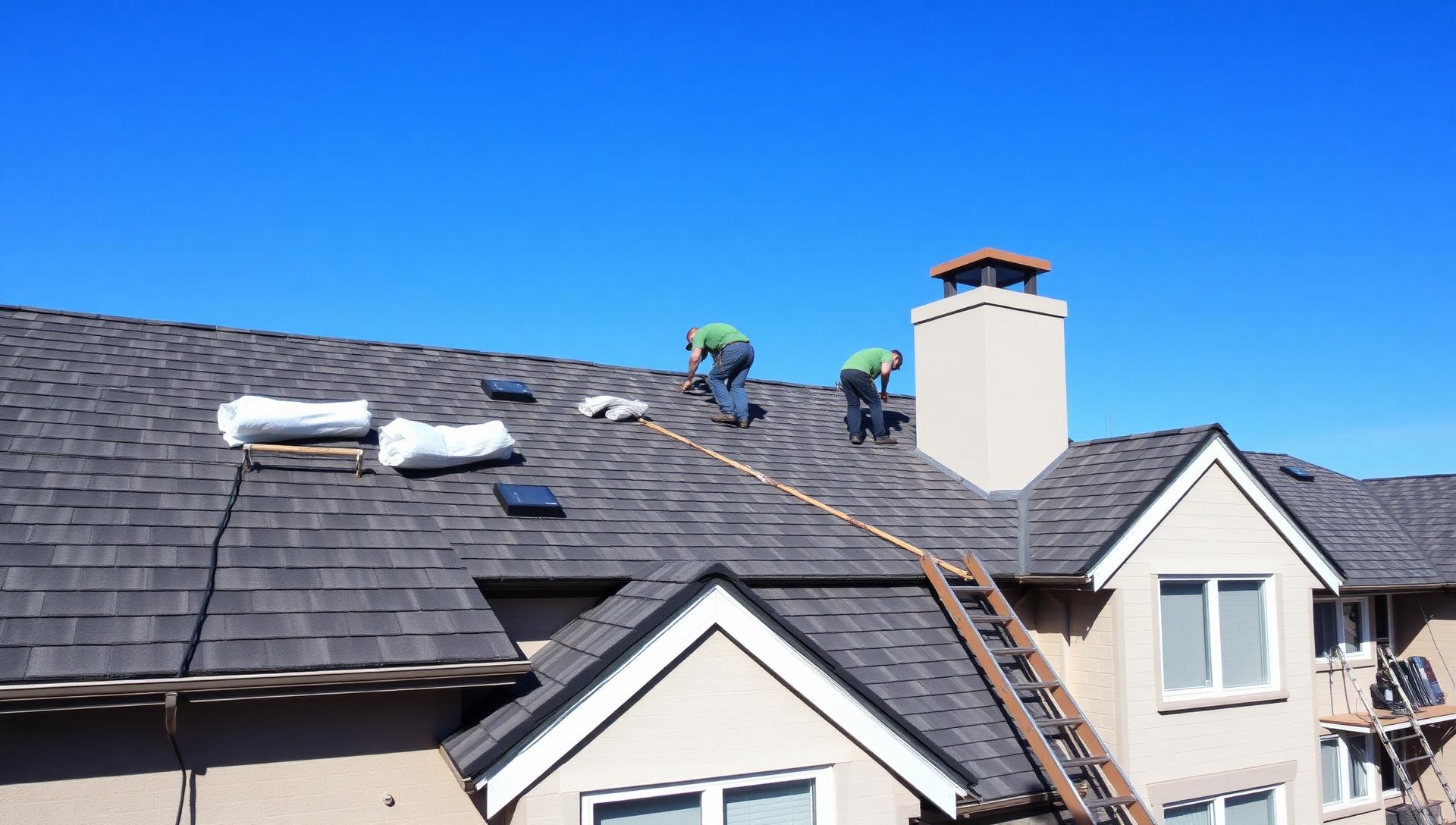 Two roofers in green shirts installing premium asphalt shingles on a multifamily strata building rooftop in British Columbia under a clear blue sky, with organized material bundles and a ladder staged for safe access