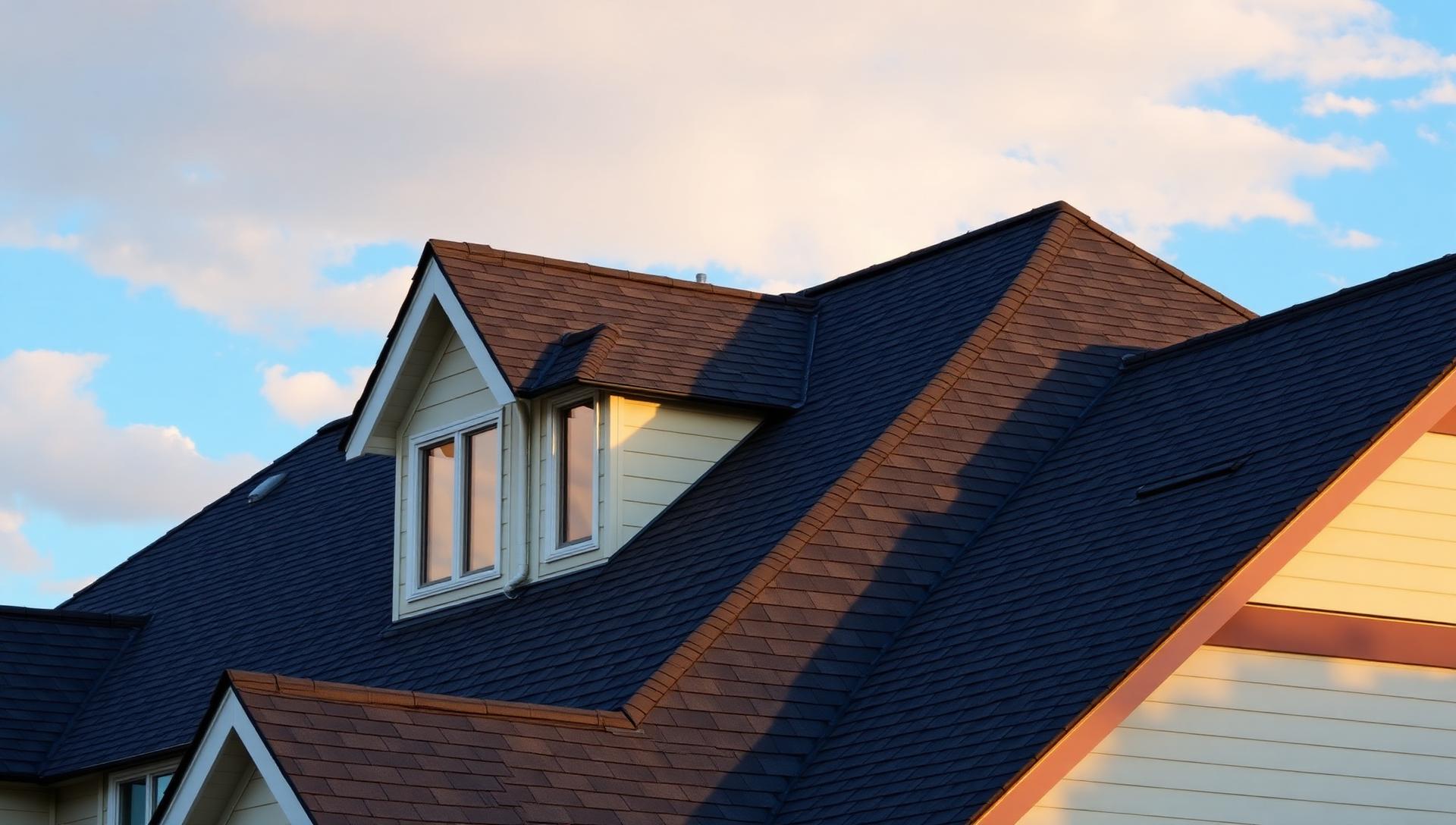 Pitched asphalt shingle roof on a British Columbia multi-family townhome complex with dormer windows at golden hour